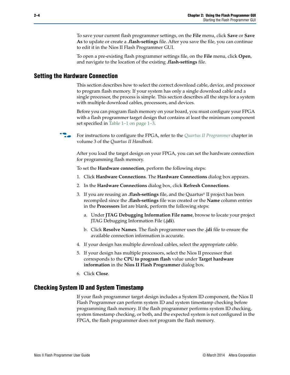 Setting the hardware connection, Checking system id and system timestamp | Altera Nios II User Manual | Page 12 / 37
