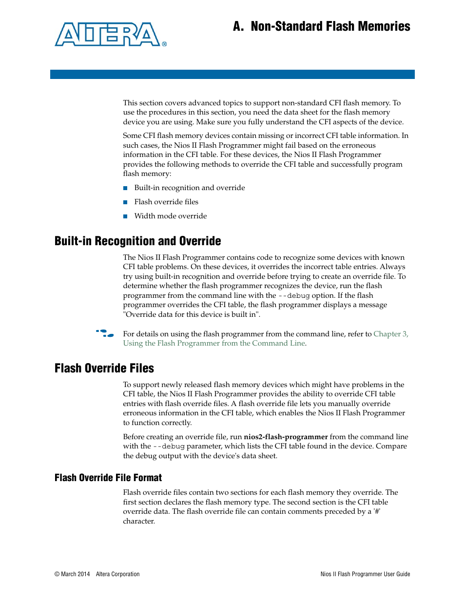 A. non-standard flash memories, Built-in recognition and override, Flash override files | Flash override file format, Appendix a. non-standard flash memories | Altera Nios II User Manual | Page 25 / 37