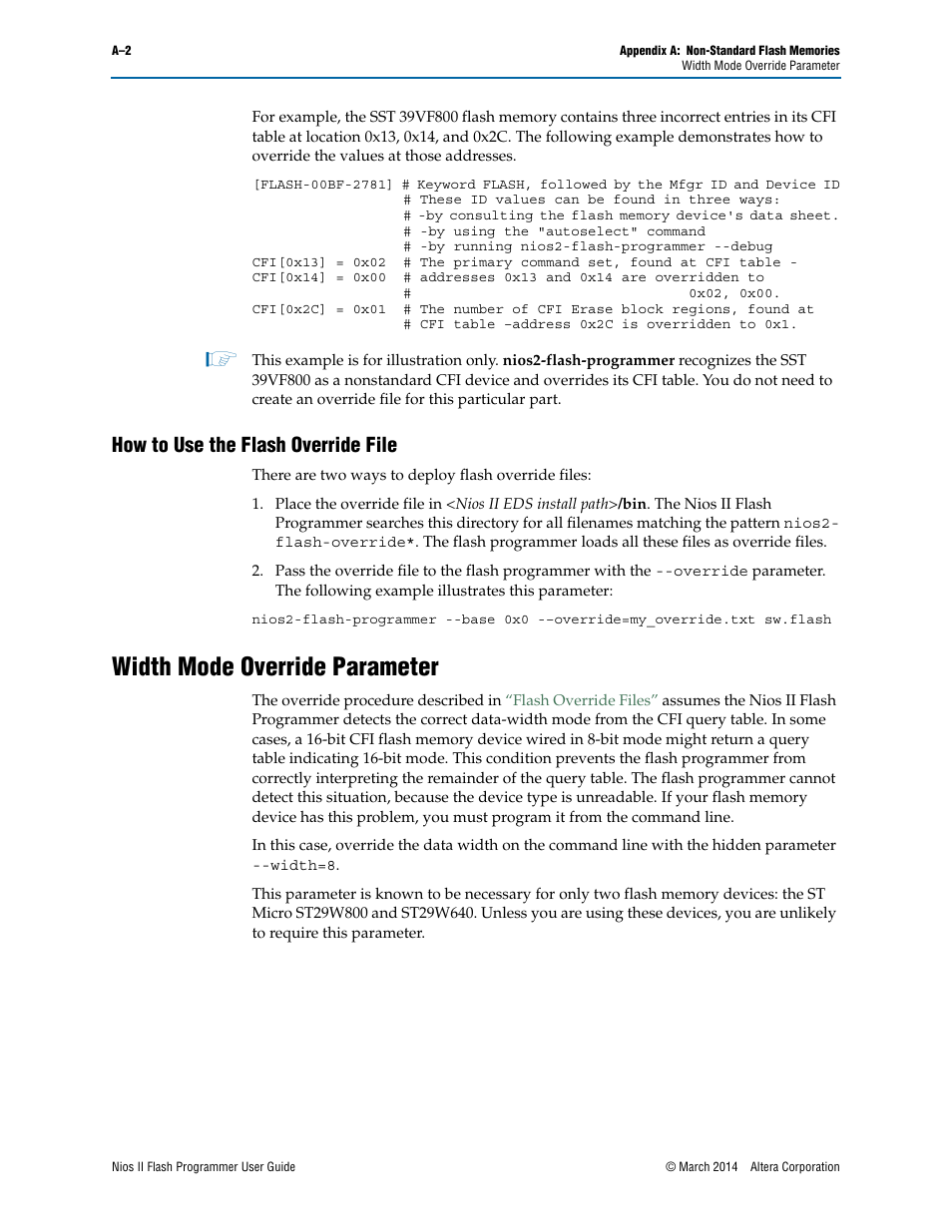 How to use the flash override file, Width mode override parameter | Altera Nios II User Manual | Page 26 / 37