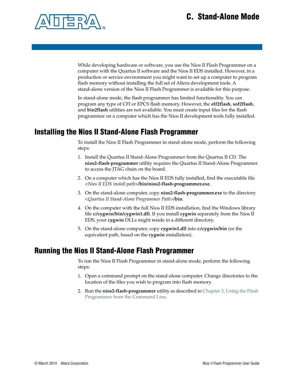 C. stand-alone mode, Running the nios ii stand-alone flash programmer, Appendix c. stand-alone mode | Altera Nios II User Manual | Page 29 / 37