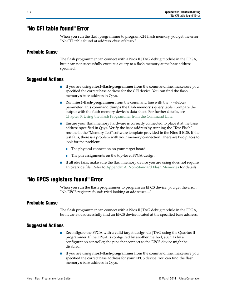 No cfi table found" error, Probable cause, Suggested actions | No epcs registers found" error | Altera Nios II User Manual | Page 32 / 37