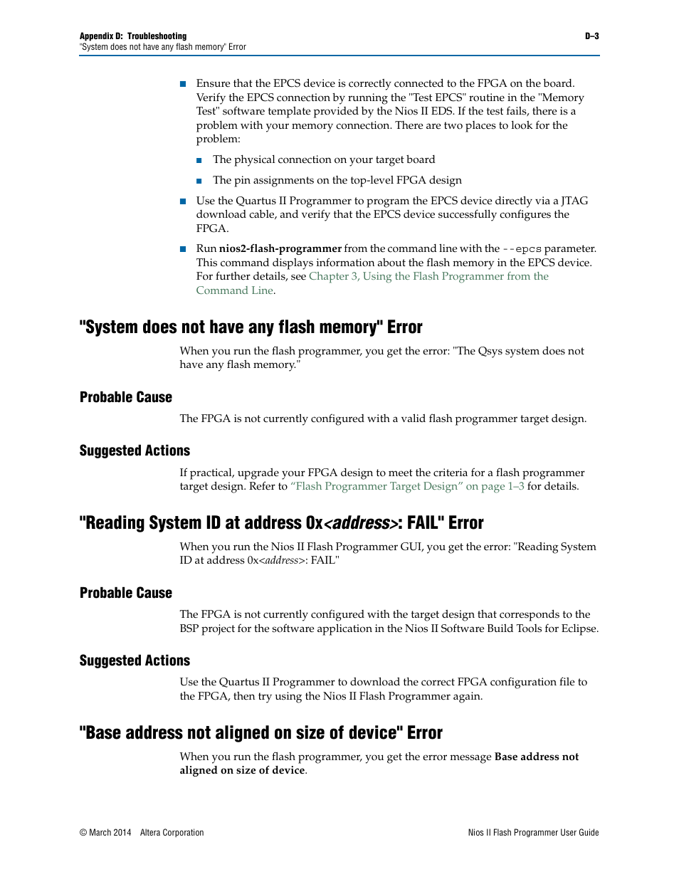 System does not have any flash memory" error, Probable cause, Suggested actions | Base address not aligned on size of device" error, Reading system id at address 0x | Altera Nios II User Manual | Page 33 / 37