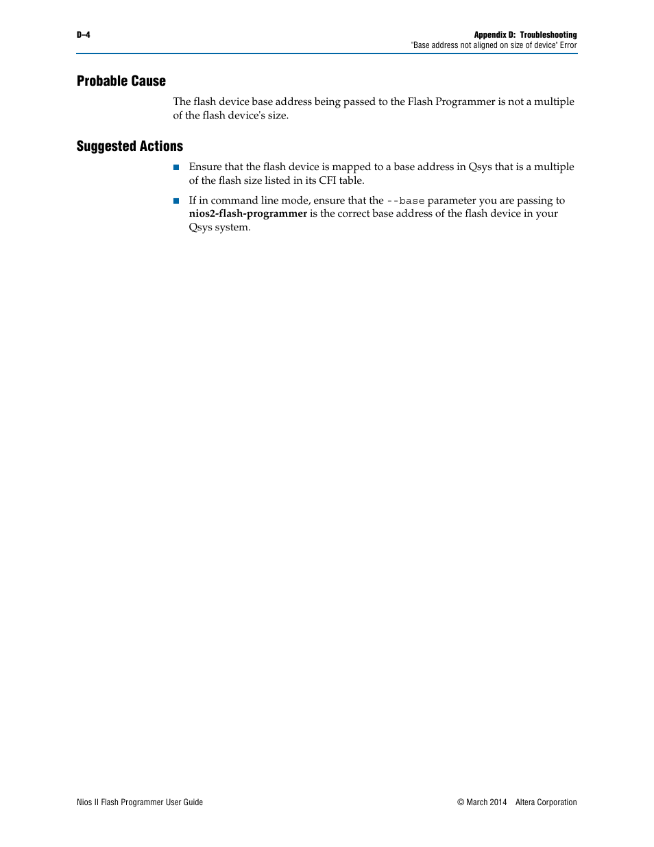 Probable cause, Suggested actions | Altera Nios II User Manual | Page 34 / 37