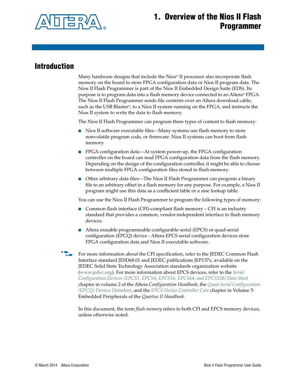 Overview of the nios ii flash programmer, Introduction, Introduction –1 | Altera Nios II User Manual | Page 5 / 37