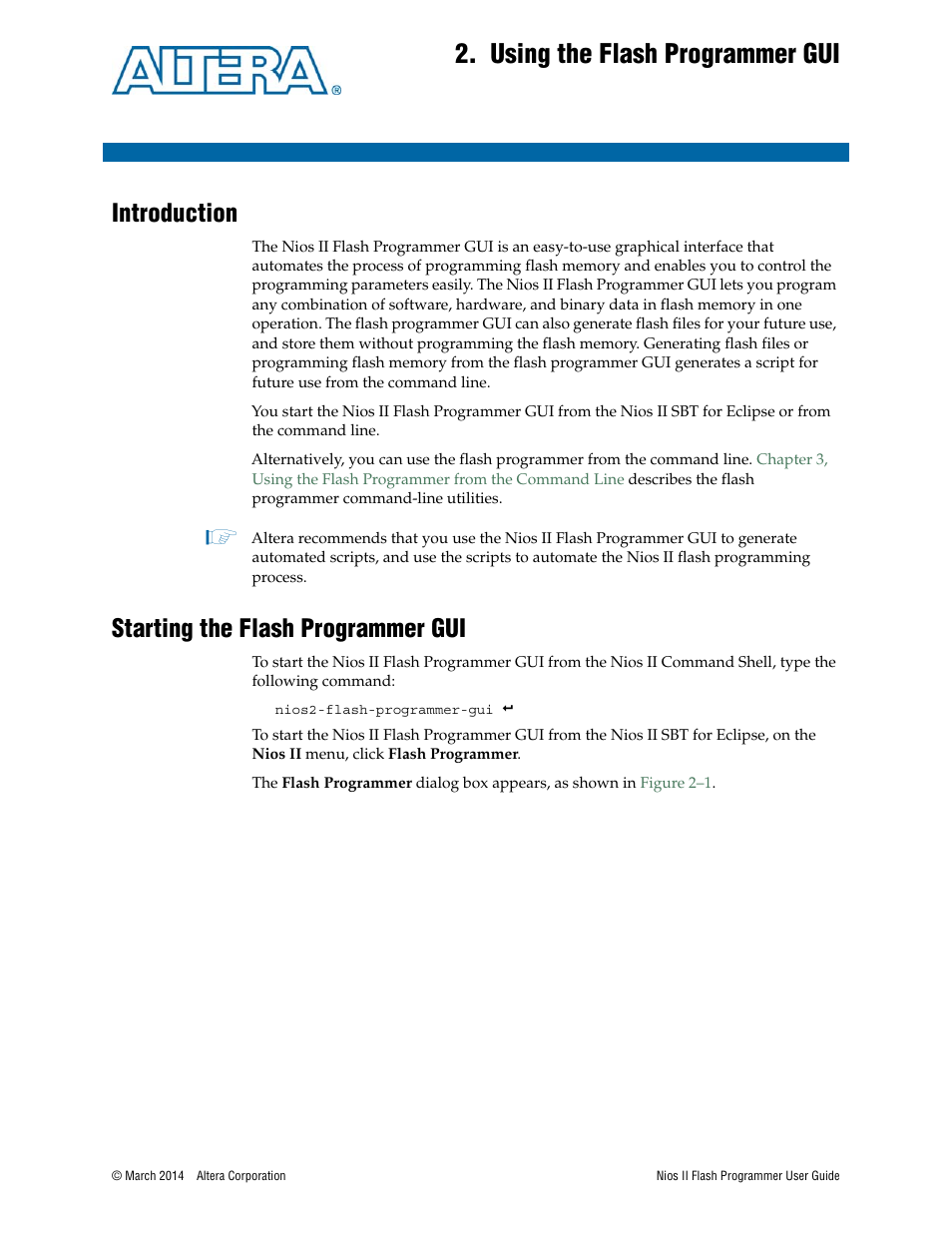 Using the flash programmer gui, Introduction, Starting the flash programmer gui | Chapter 2. using the flash programmer gui, Chapter 2, using the flash, Programmer gui | Altera Nios II User Manual | Page 9 / 37