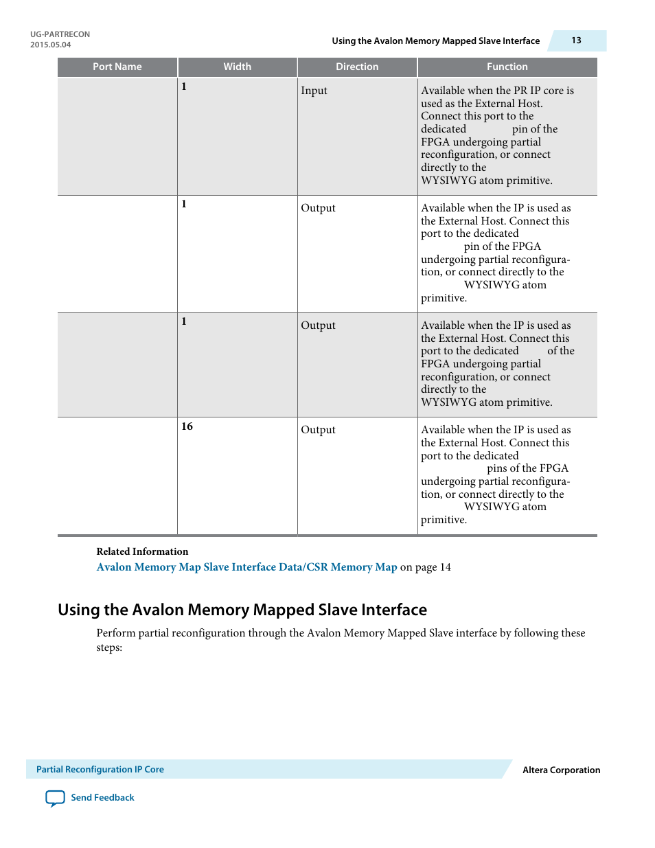 Using the avalon memory mapped slave interface | Altera Partial Reconfiguration IP Core User Manual | Page 13 / 27