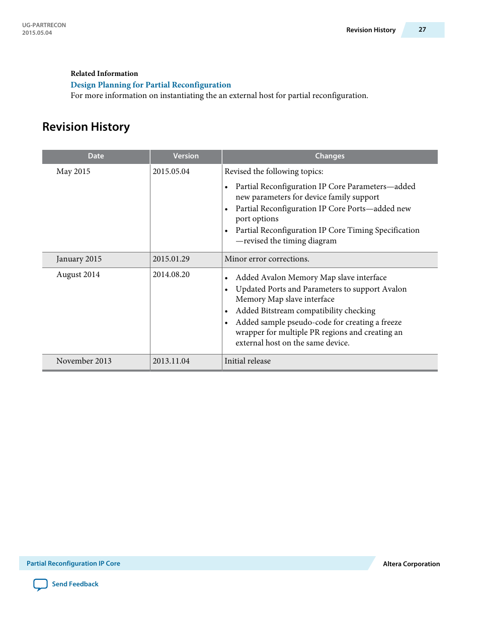 Revision history | Altera Partial Reconfiguration IP Core User Manual | Page 27 / 27