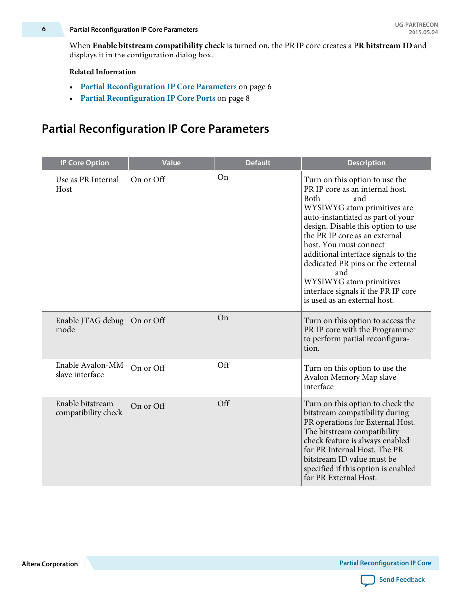 Partial reconfiguration ip core parameters | Altera Partial Reconfiguration IP Core User Manual | Page 6 / 27
