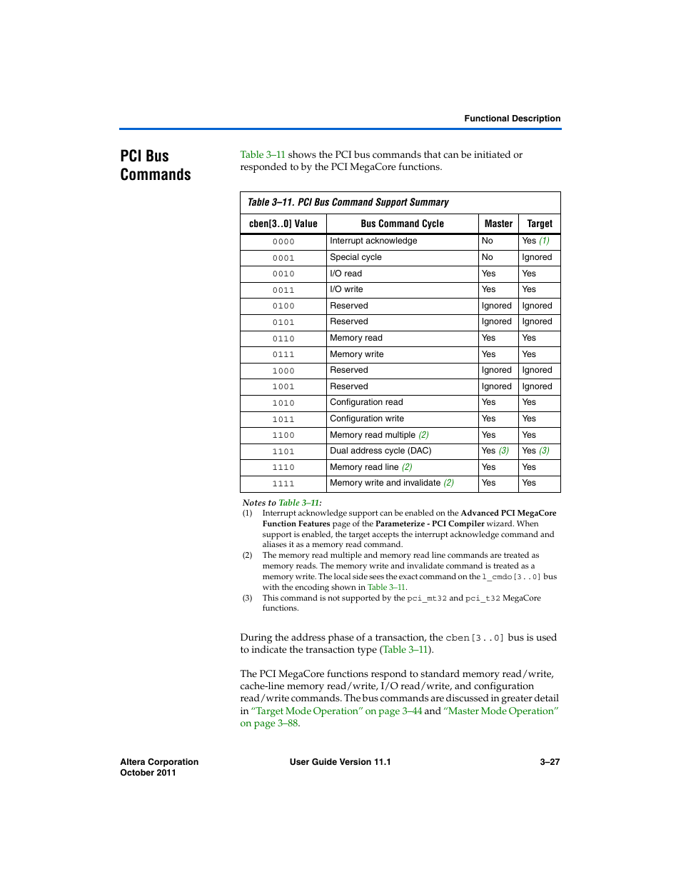 Pci bus commands, Pci bus commands –27 | Altera PCI Compiler User Manual | Page 101 / 360