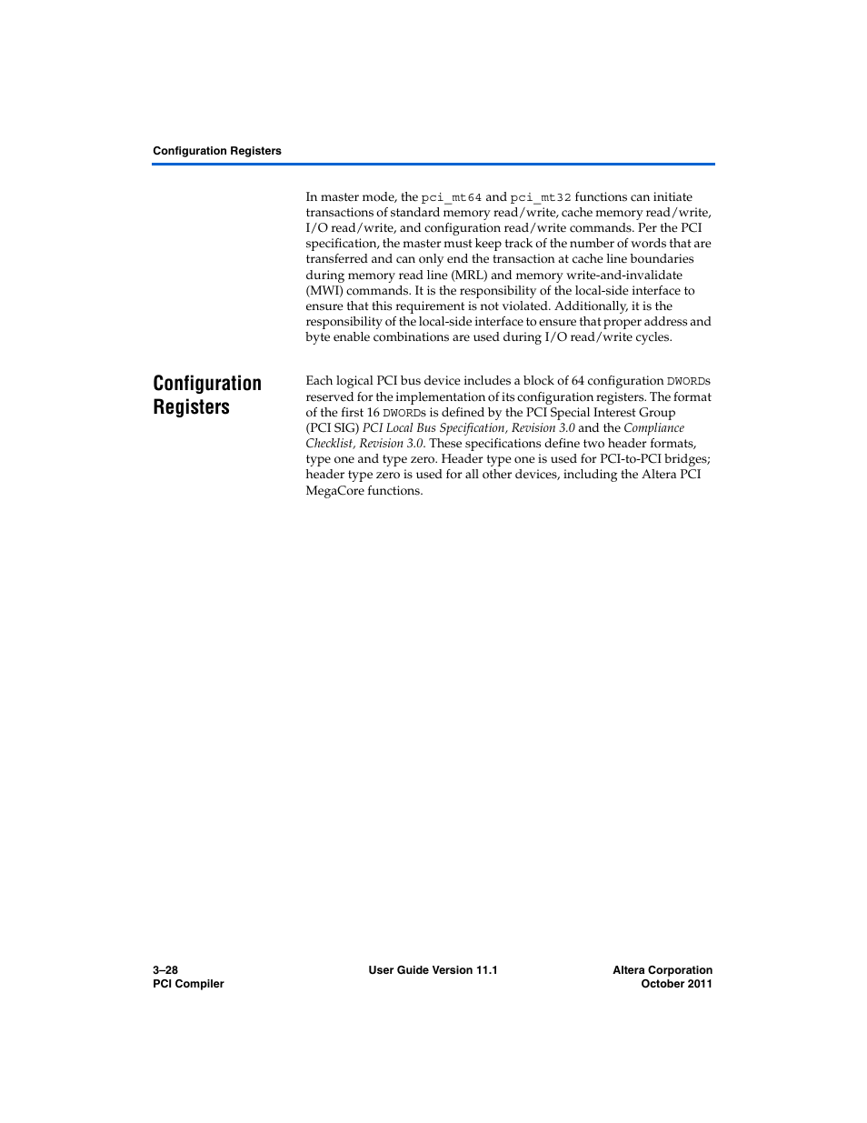 Configuration registers, Configuration registers –28 | Altera PCI Compiler User Manual | Page 102 / 360