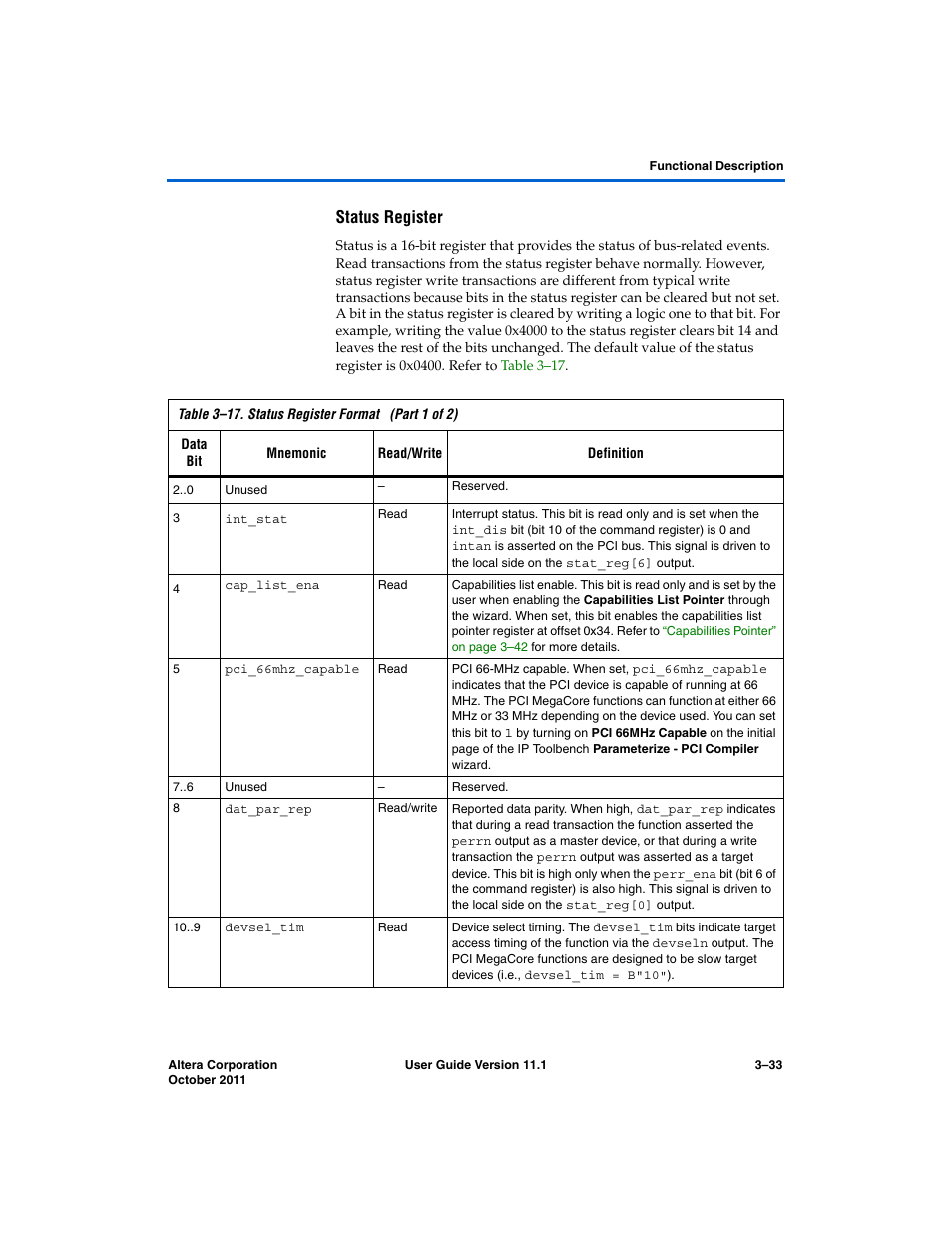 Status register | Altera PCI Compiler User Manual | Page 107 / 360