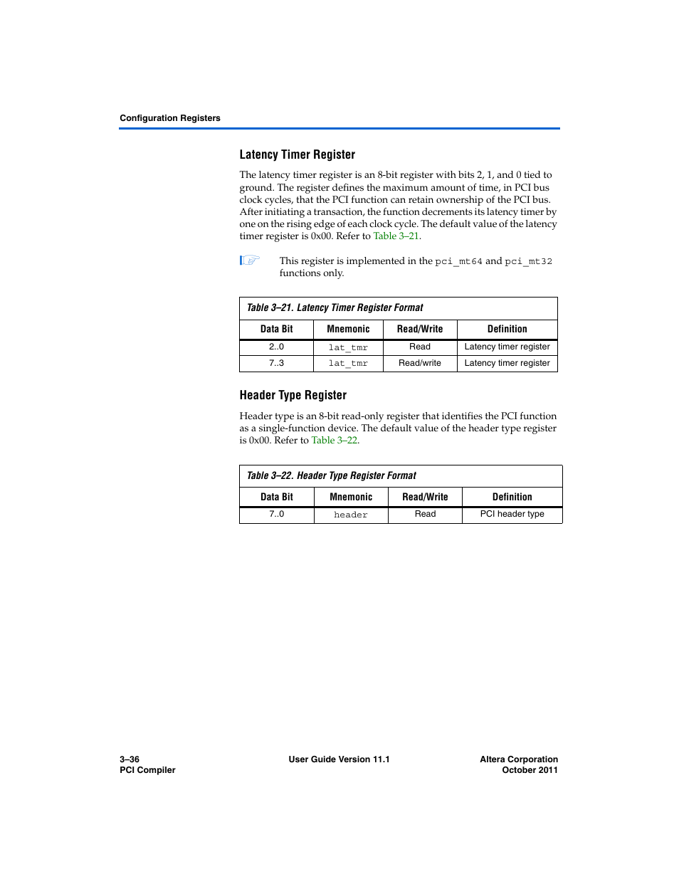 Latency timer register, Header type register | Altera PCI Compiler User Manual | Page 110 / 360