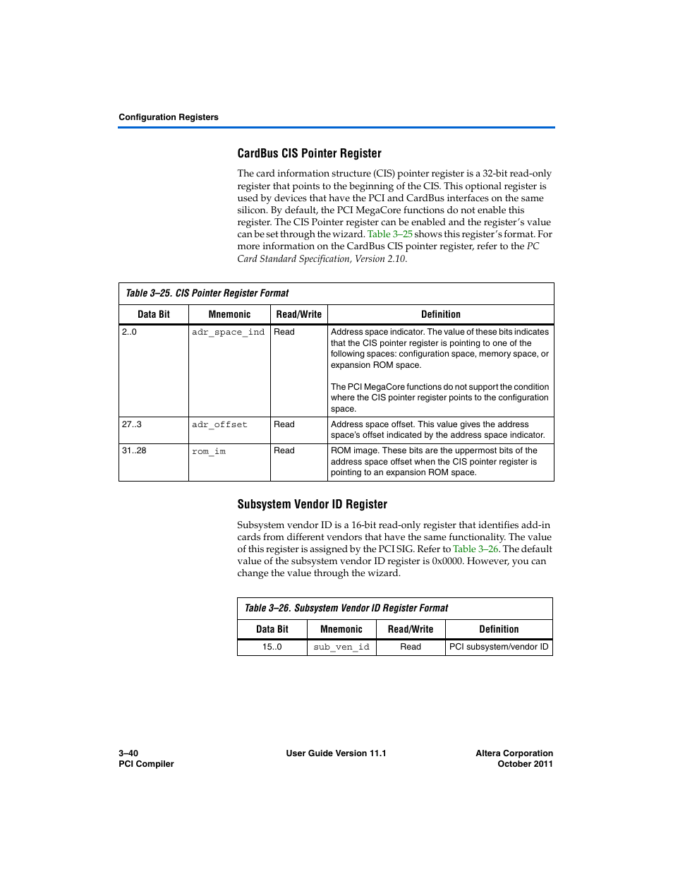 Cardbus cis pointer register, Subsystem vendor id register | Altera PCI Compiler User Manual | Page 114 / 360