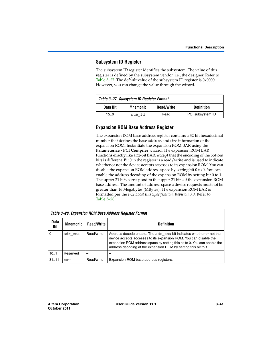 Subsystem id register, Expansion rom base address register | Altera PCI Compiler User Manual | Page 115 / 360