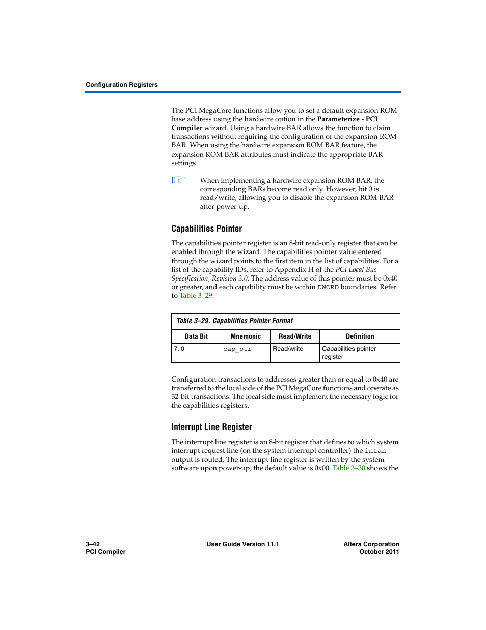 Capabilities pointer, Interrupt line register | Altera PCI Compiler User Manual | Page 116 / 360
