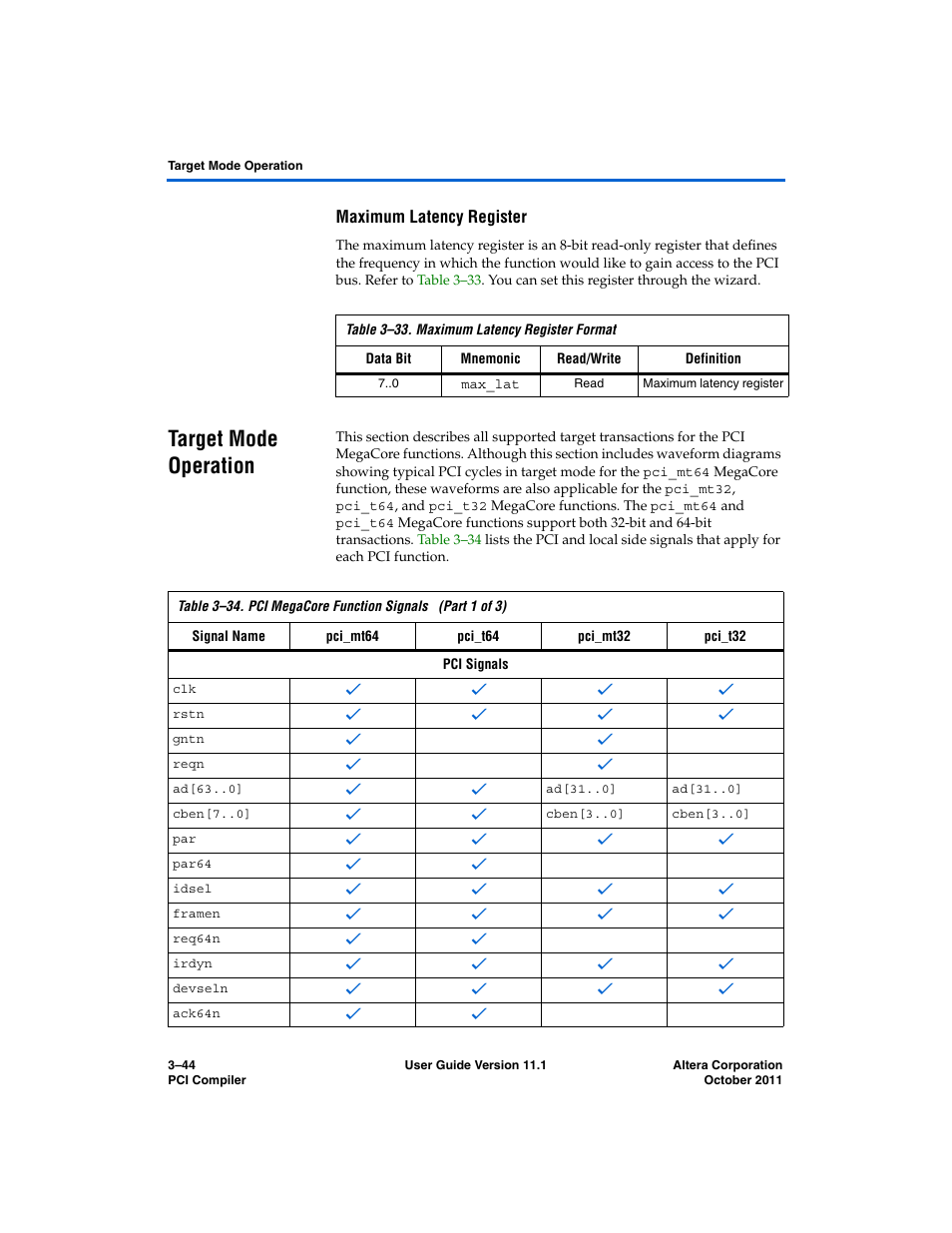 Maximum latency register, Target mode operation, Target mode operation –44 | Altera PCI Compiler User Manual | Page 118 / 360