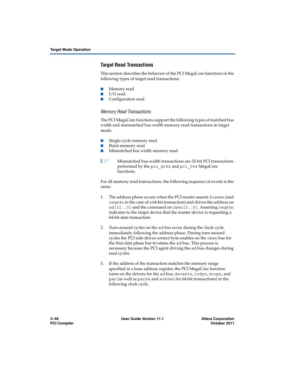 Target read transactions, Memory read transactions | Altera PCI Compiler User Manual | Page 122 / 360
