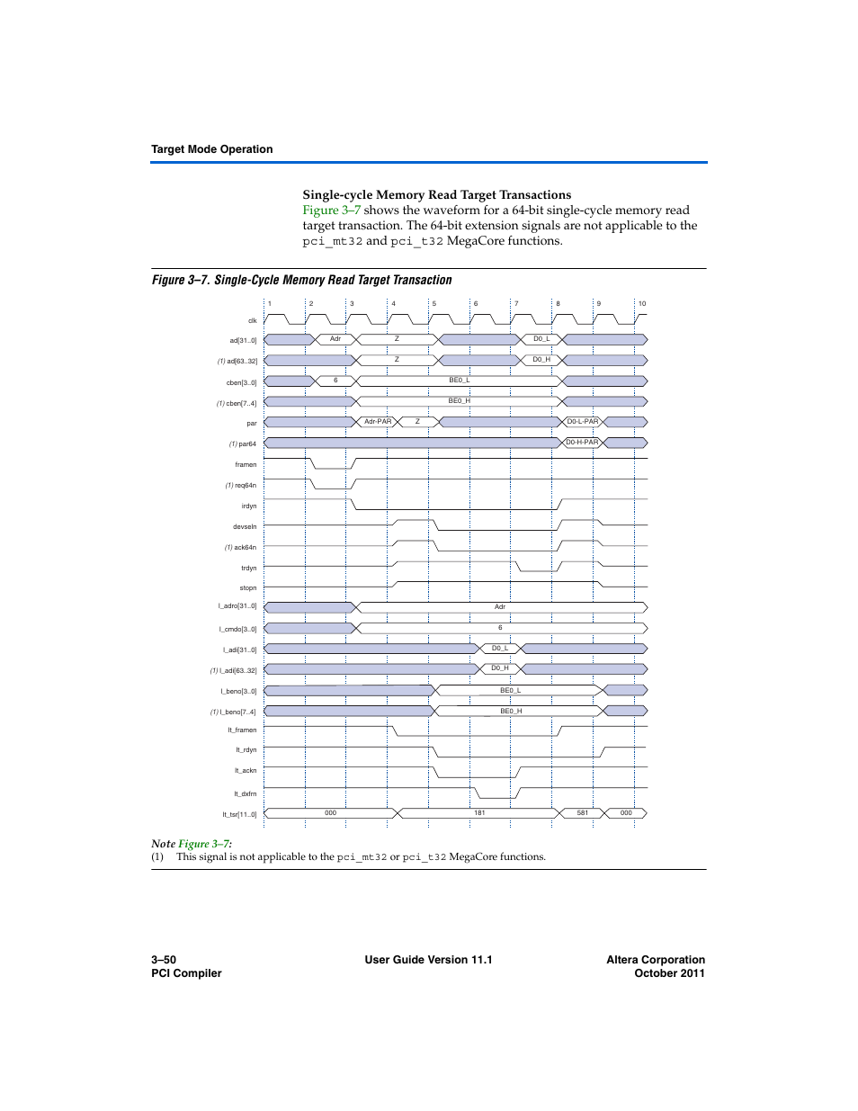 Single-cycle memory read target transactions | Altera PCI Compiler User Manual | Page 124 / 360