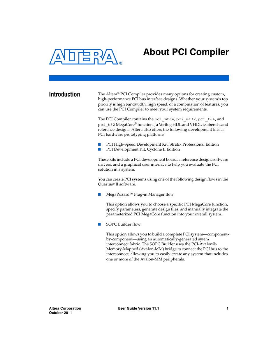 About pci compiler, Introduction | Altera PCI Compiler User Manual | Page 13 / 360