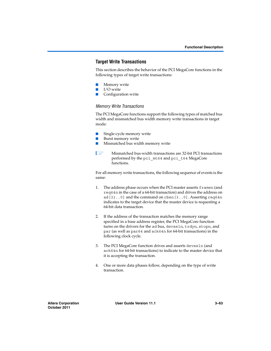 Target write transactions, Memory write transactions | Altera PCI Compiler User Manual | Page 137 / 360