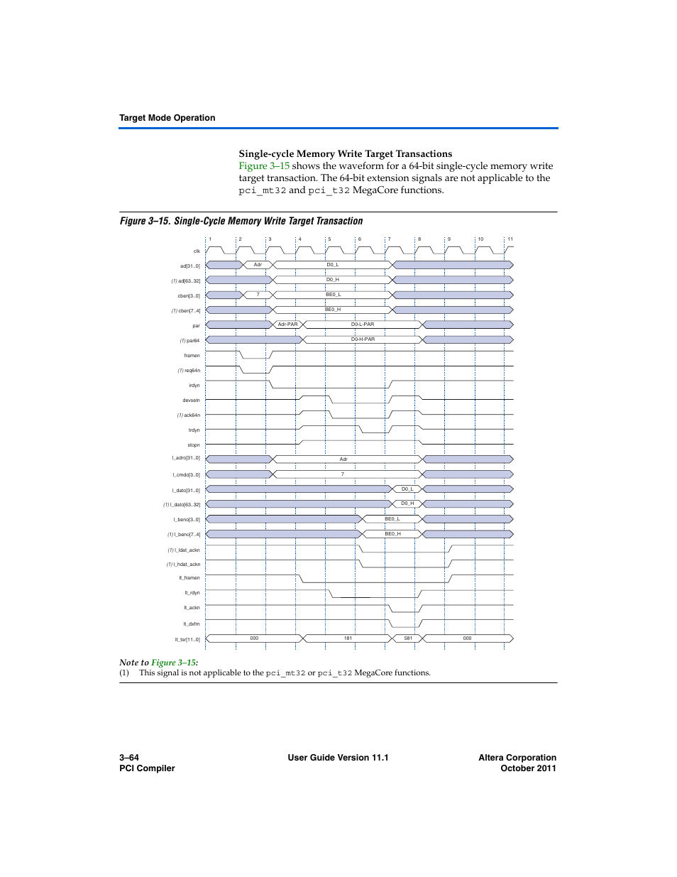 Single-cycle memory write target transactions | Altera PCI Compiler User Manual | Page 138 / 360