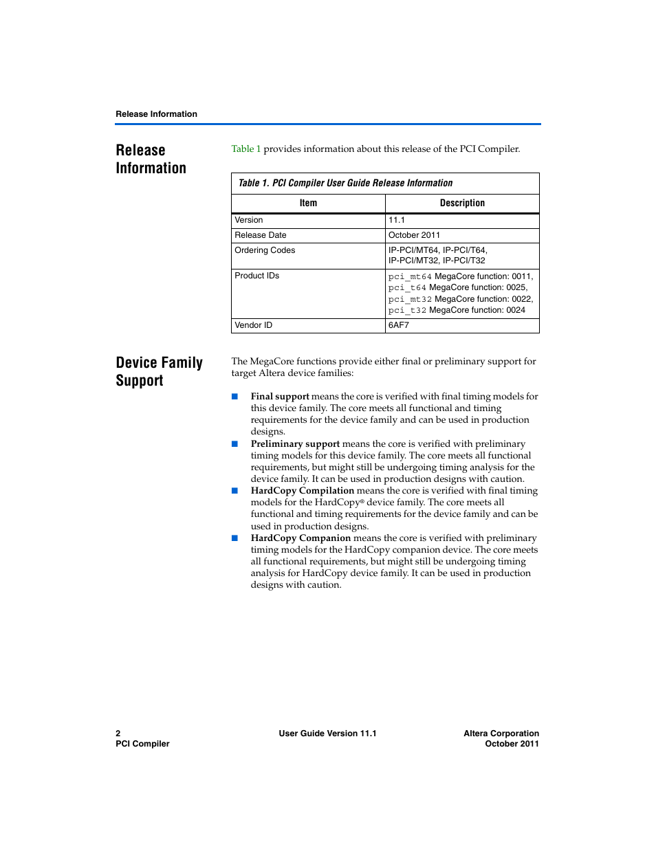 Release information, Device family support, Release information device family support | Altera PCI Compiler User Manual | Page 14 / 360