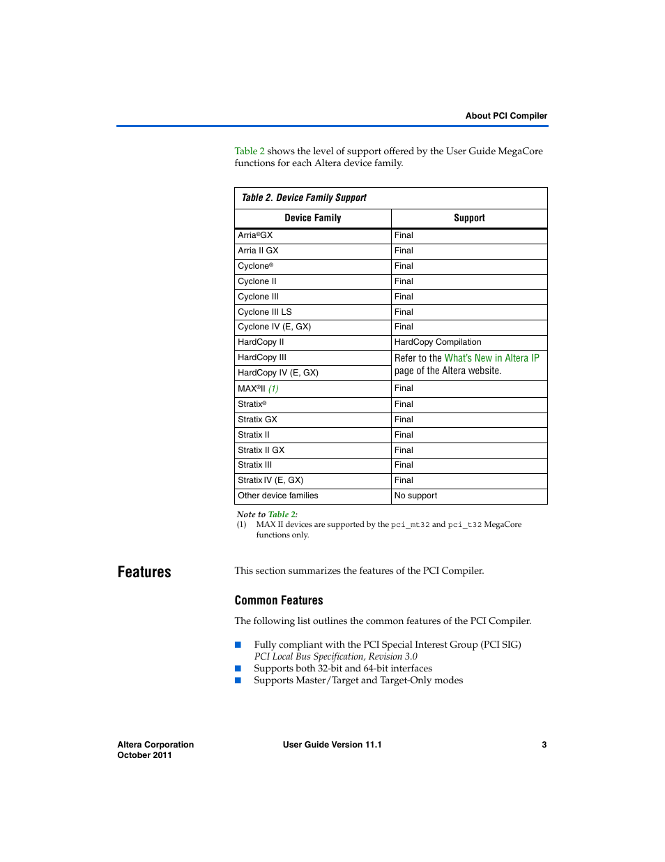 Features, Common features | Altera PCI Compiler User Manual | Page 15 / 360