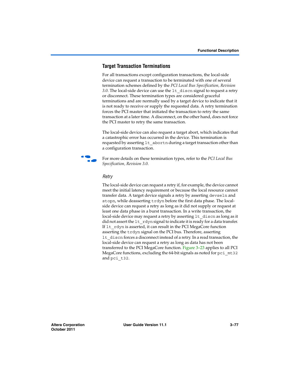 Target transaction terminations, Retry | Altera PCI Compiler User Manual | Page 151 / 360