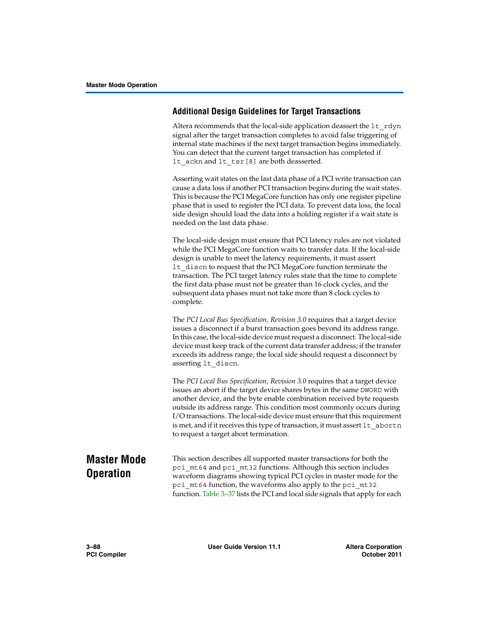 Master mode operation, Master mode operation –88, To the | Additional design guidelines for target, Section f | Altera PCI Compiler User Manual | Page 162 / 360