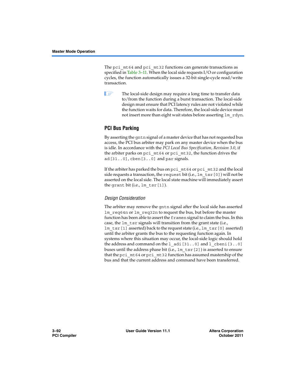 Pci bus parking, Design consideration | Altera PCI Compiler User Manual | Page 166 / 360