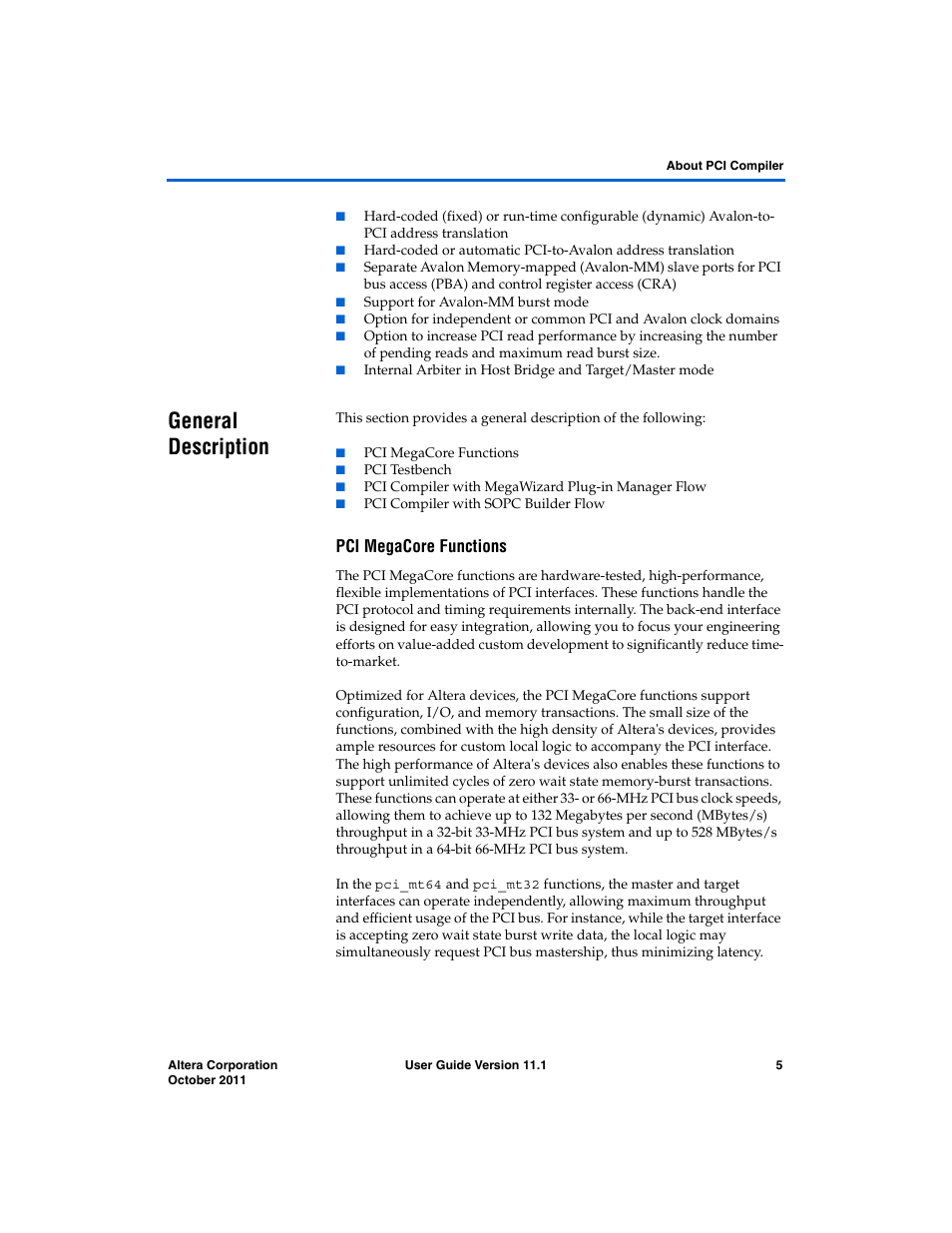 General description, Pci megacore functions | Altera PCI Compiler User Manual | Page 17 / 360
