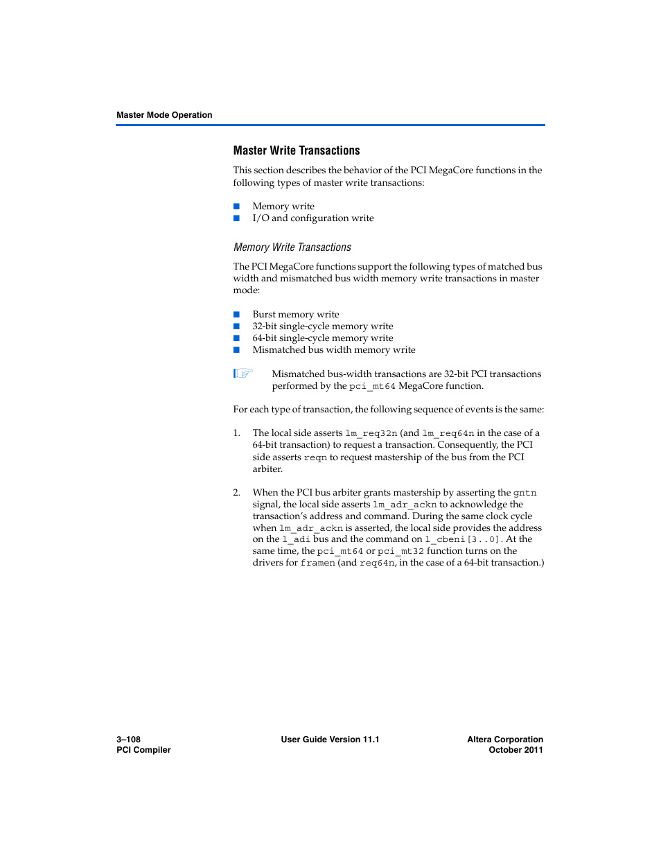 Master write transactions, Memory write transactions | Altera PCI Compiler User Manual | Page 182 / 360