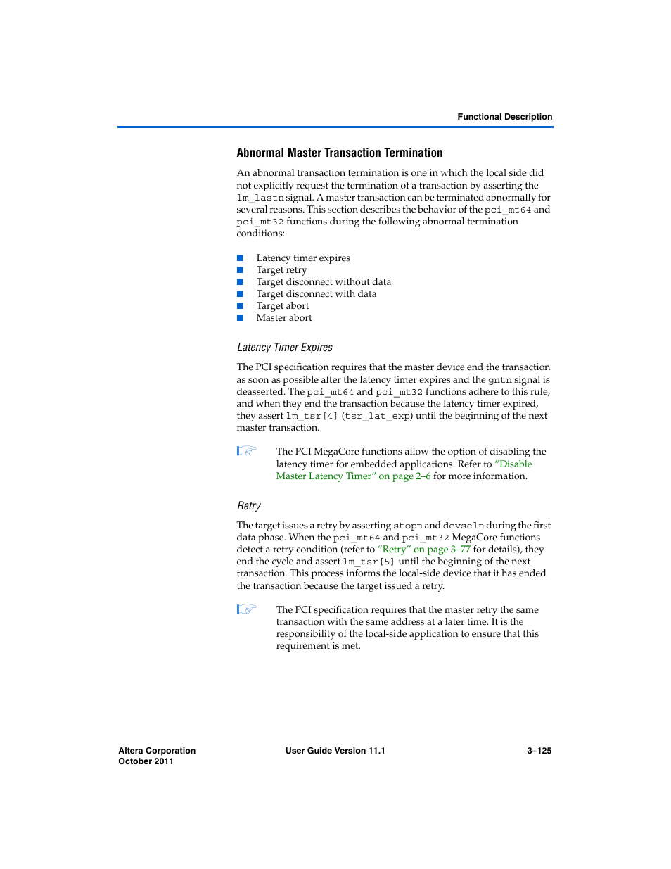 Abnormal master transaction termination, Latency timer expires, Retry | Altera PCI Compiler User Manual | Page 199 / 360