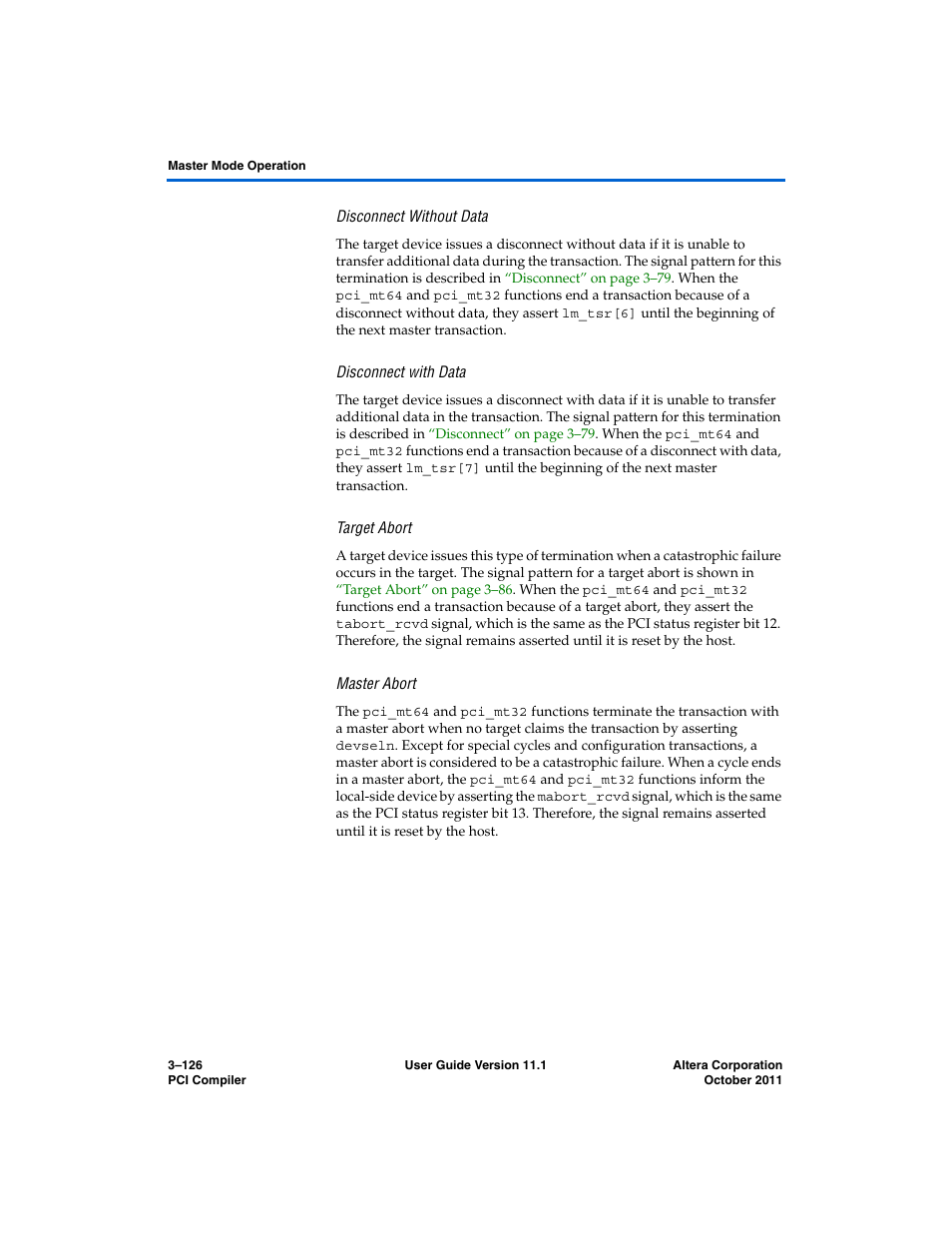 Disconnect without data, Disconnect with data, Target abort | Master abort | Altera PCI Compiler User Manual | Page 200 / 360