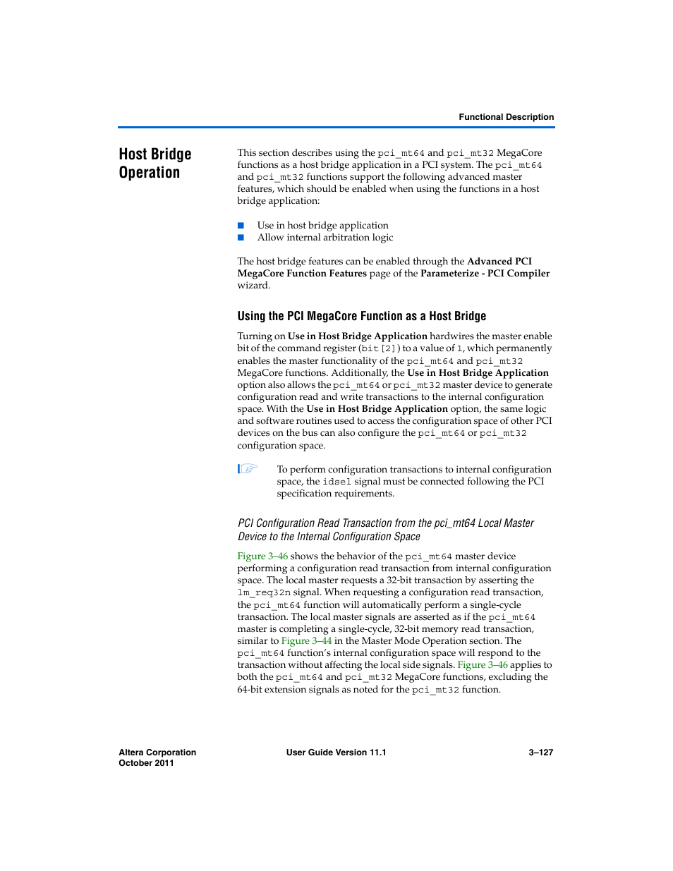 Host bridge operation, Using the pci megacore function as a host bridge, Host bridge operation –127 | Altera PCI Compiler User Manual | Page 201 / 360