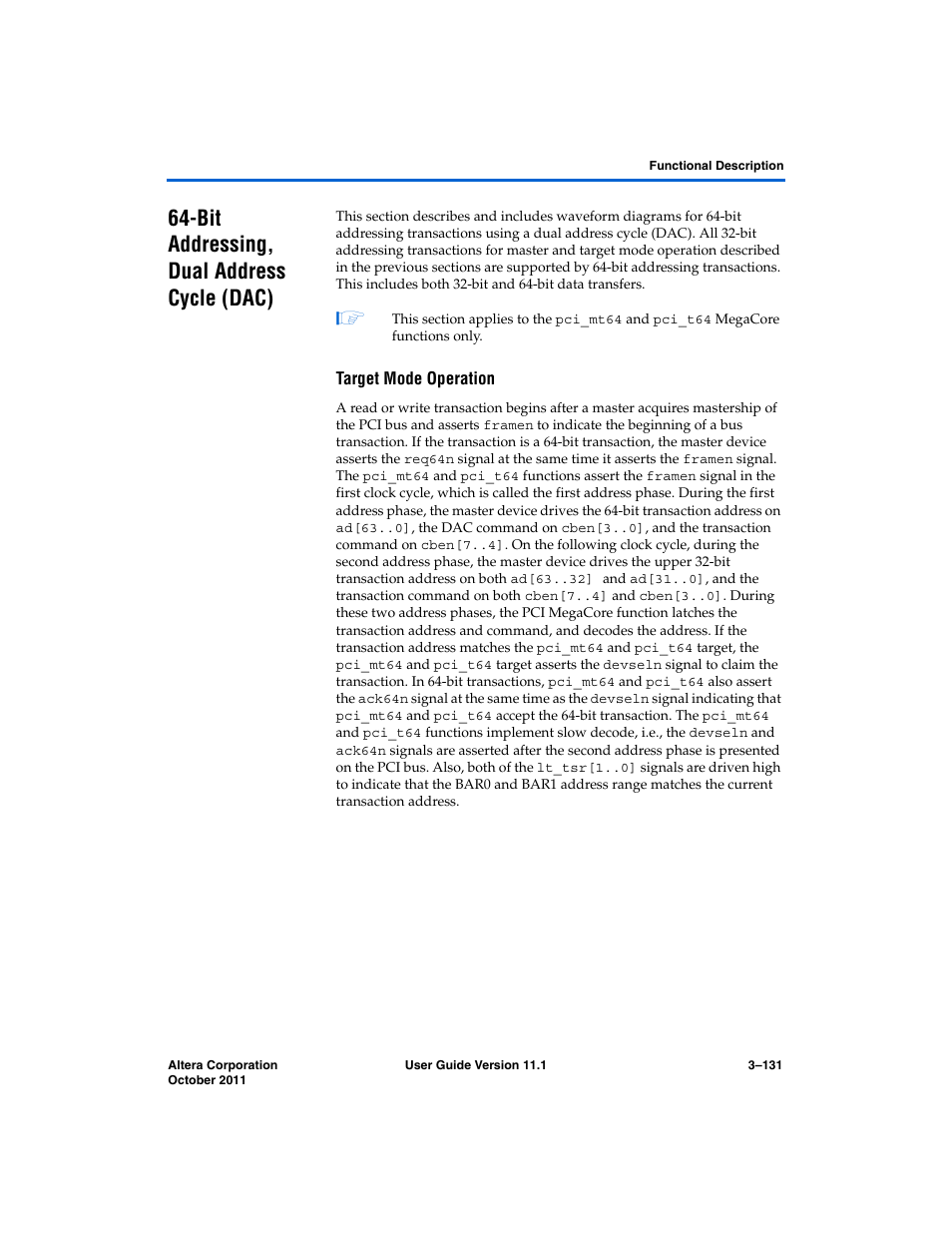 Bit addressing, dual address cycle (dac), Target mode operation, Bit addressing, dual address cycle (dac) –131 | Altera PCI Compiler User Manual | Page 205 / 360