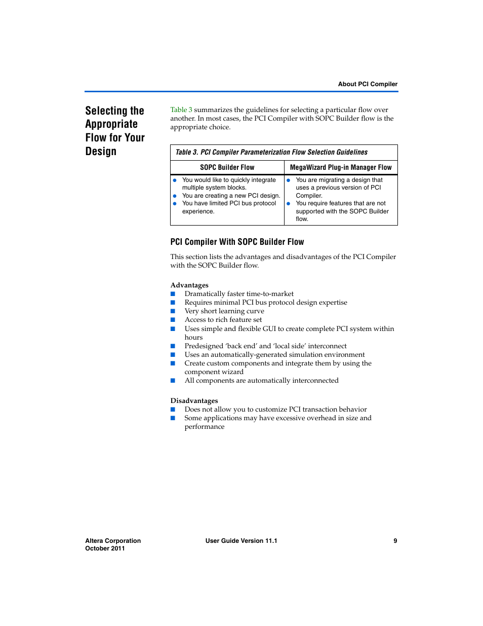Selecting the appropriate flow for your design, Pci compiler with sopc builder flow, Advantages | Disadvantages | Altera PCI Compiler User Manual | Page 21 / 360