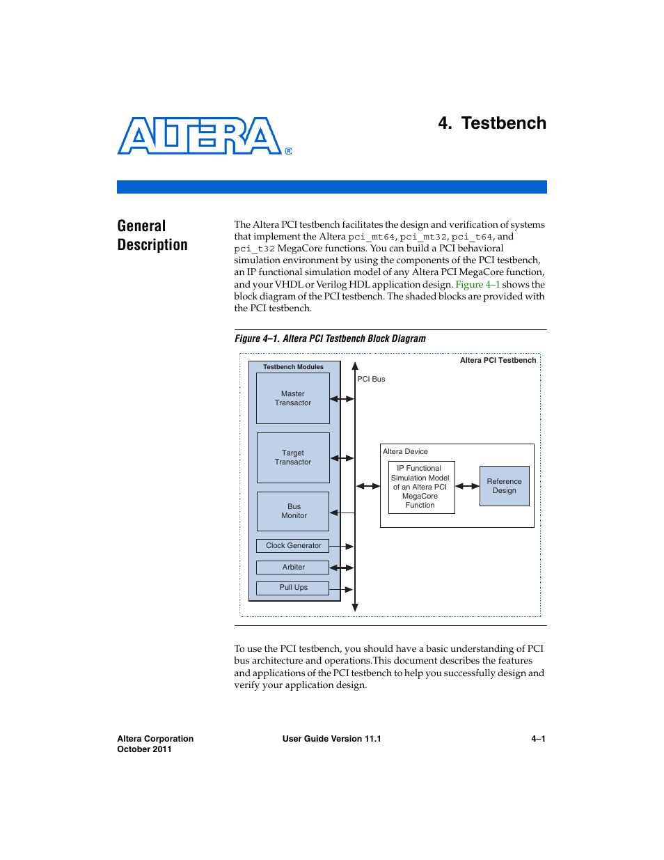 Testbench, General description, Chapter 4. testbench | General description –1, Chapter 4, testbench | Altera PCI Compiler User Manual | Page 211 / 360