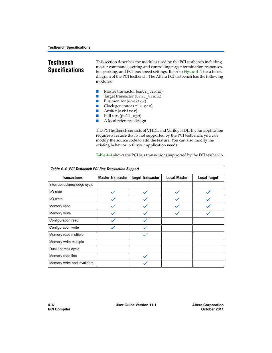 Testbench specifications, Testbench specifications –6 | Altera PCI Compiler User Manual | Page 216 / 360