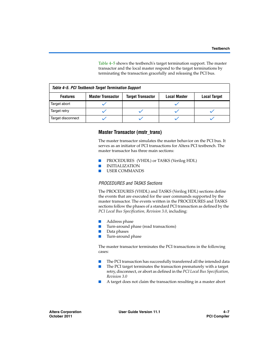 Master transactor (mstr_tranx), Procedures and tasks sections | Altera PCI Compiler User Manual | Page 217 / 360