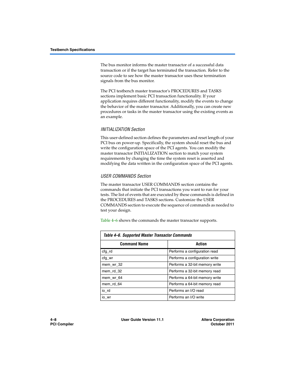 Initialization section, User commands section | Altera PCI Compiler User Manual | Page 218 / 360