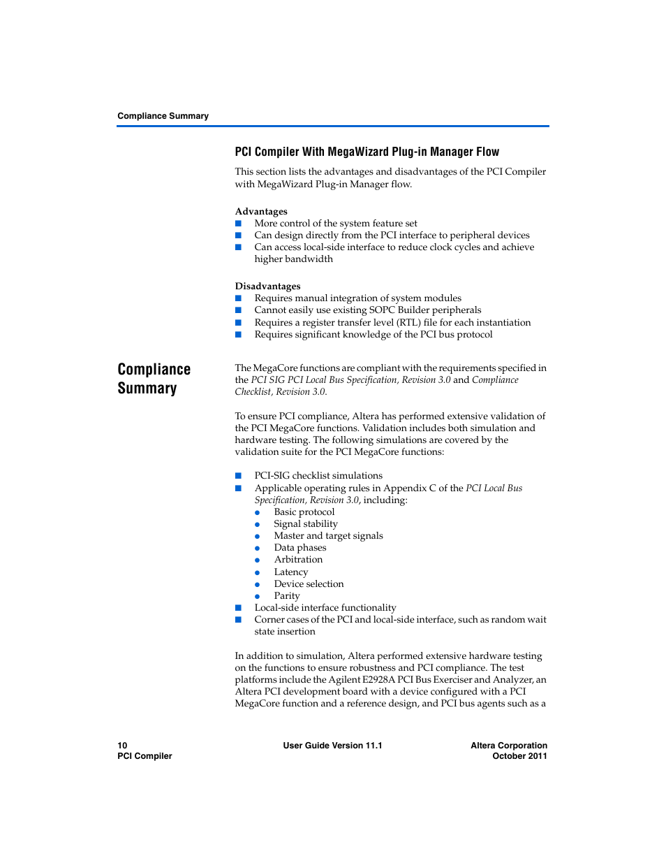 Pci compiler with megawizard plug-in manager flow, Advantages, Disadvantages | Compliance summary | Altera PCI Compiler User Manual | Page 22 / 360