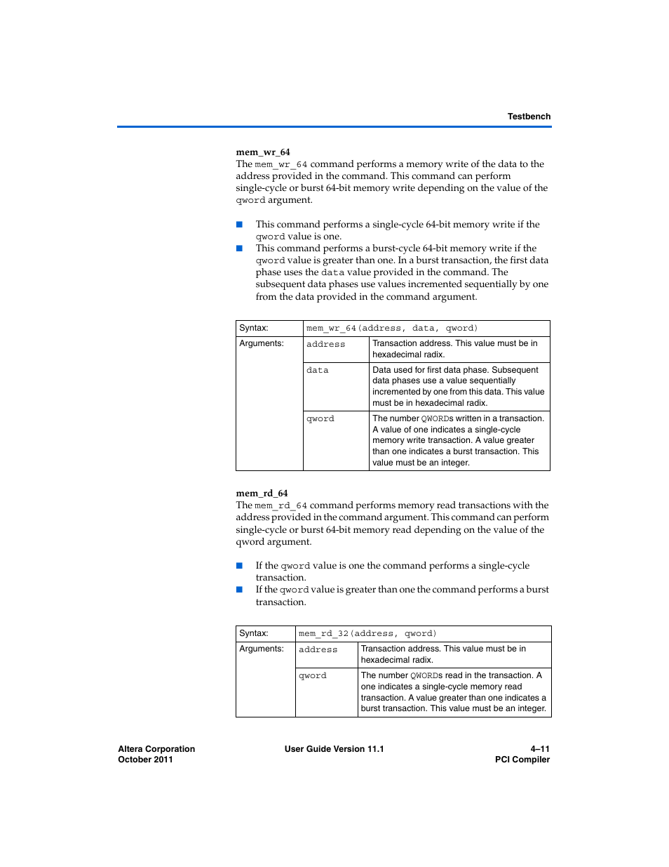 Mem_wr_64, Mem_rd_64 | Altera PCI Compiler User Manual | Page 221 / 360