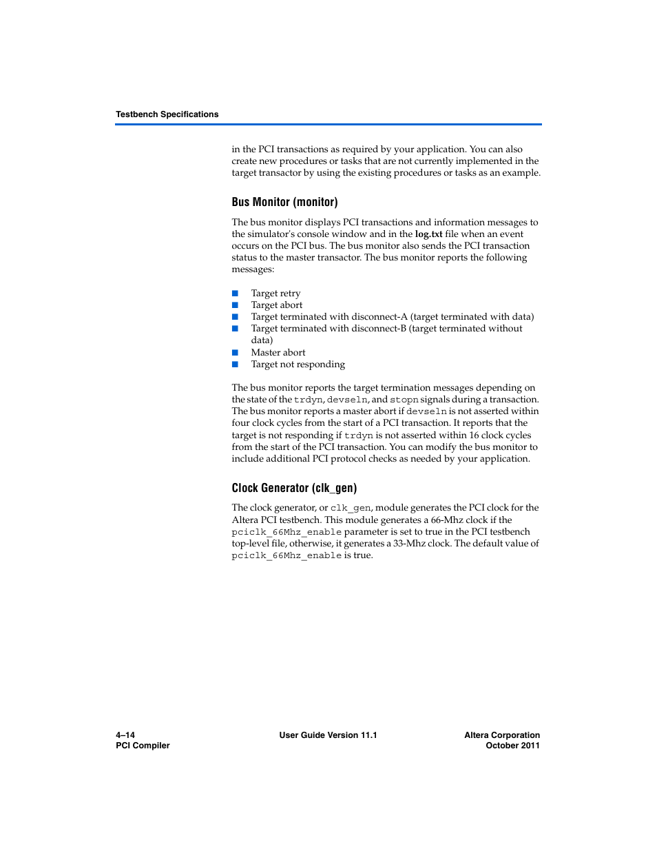 Bus monitor (monitor), Clock generator (clk_gen) | Altera PCI Compiler User Manual | Page 224 / 360