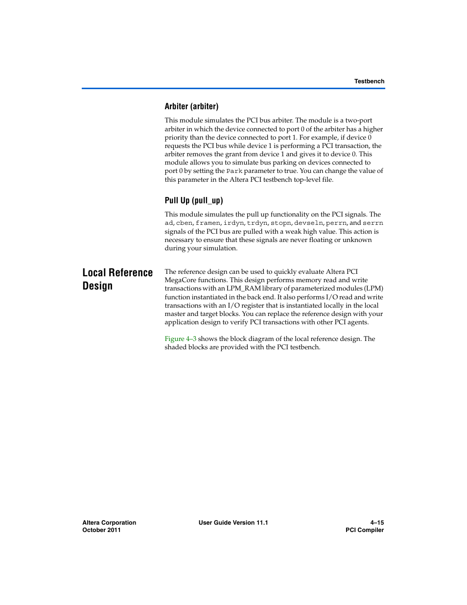 Arbiter (arbiter), Pull up (pull_up), Local reference design | Local reference design –15, Local reference | Altera PCI Compiler User Manual | Page 225 / 360