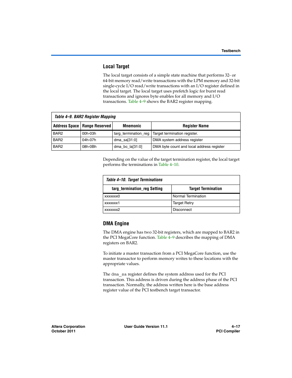 Local target, Dma engine | Altera PCI Compiler User Manual | Page 227 / 360