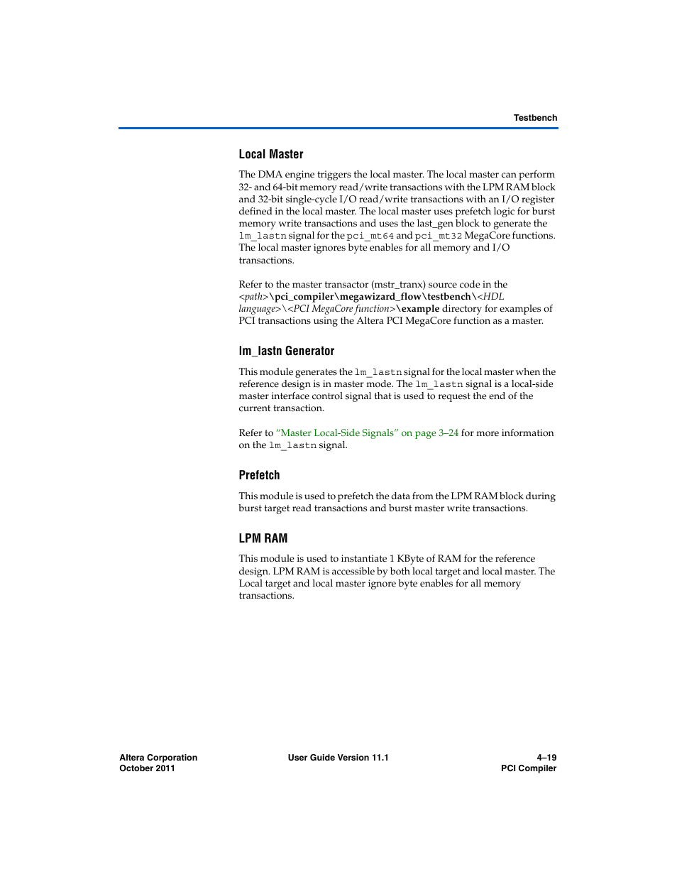 Local master, Lm_lastn generator, Prefetch | Lpm ram | Altera PCI Compiler User Manual | Page 229 / 360
