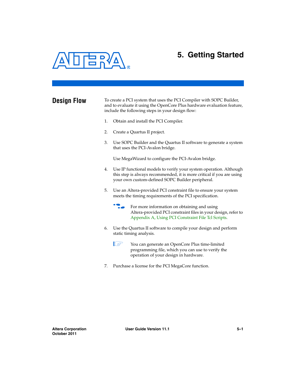 Getting started, Design flow, Chapter 5. getting started | Design flow –1, Chapter 5, getting started | Altera PCI Compiler User Manual | Page 235 / 360
