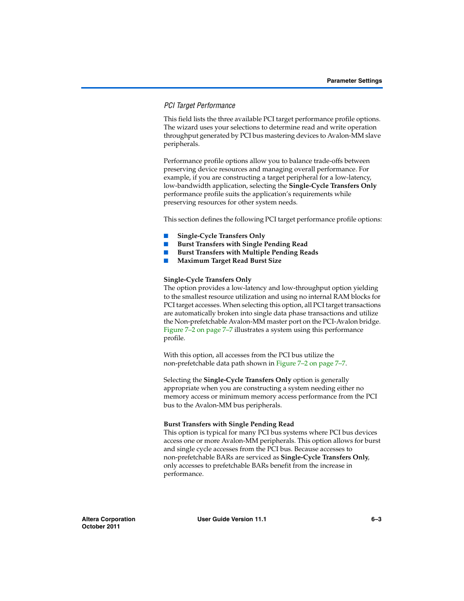 Pci target performance, Single-cycle transfers only, Burst transfers with single pending read | Altera PCI Compiler User Manual | Page 253 / 360