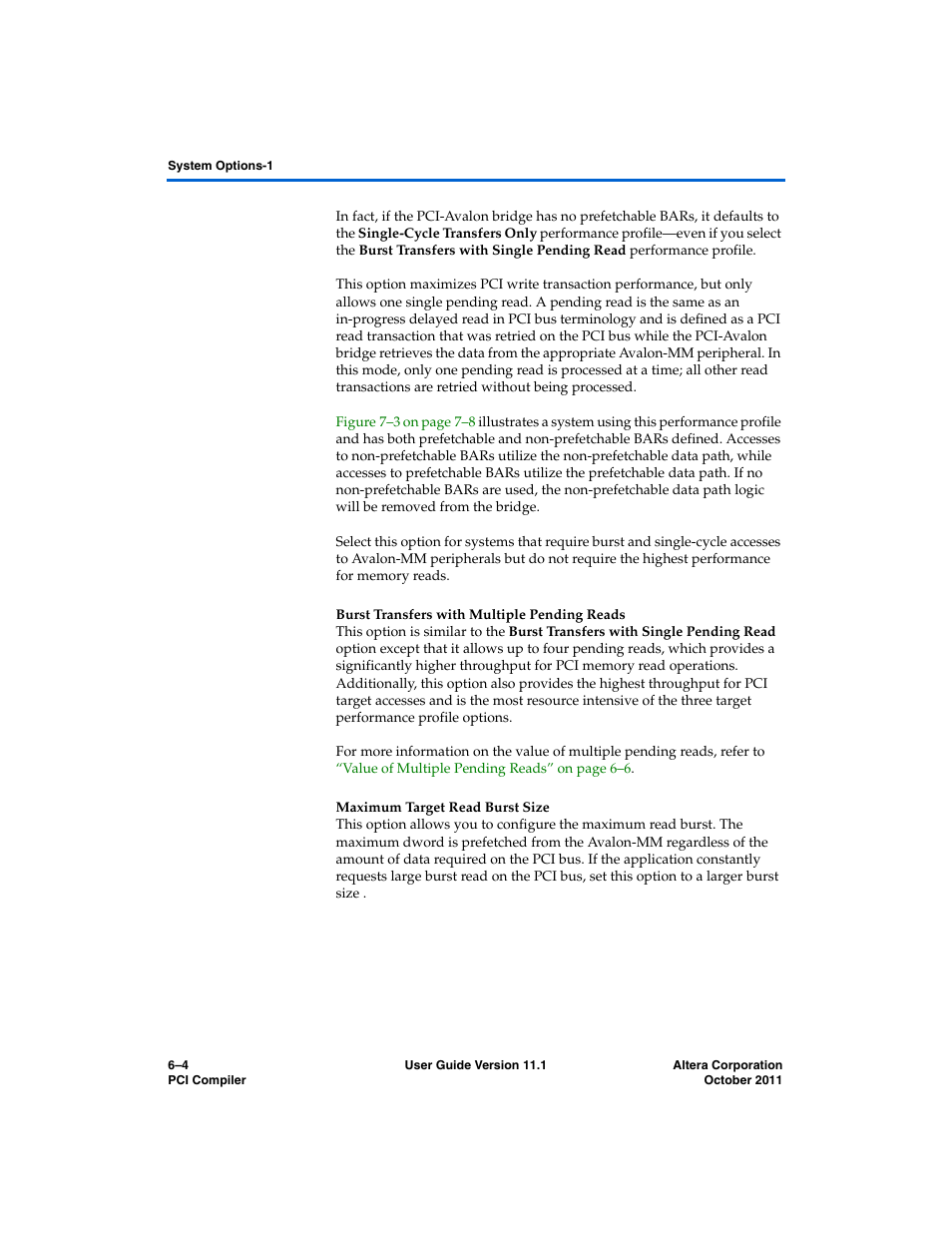 Burst transfers with multiple pending reads, Maximum target read burst size | Altera PCI Compiler User Manual | Page 254 / 360